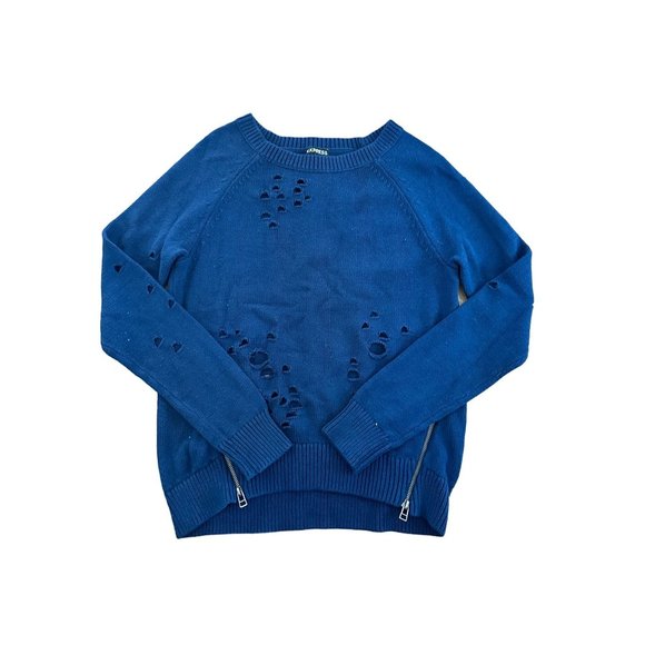 EXPRESS Blue Distressed Crewneck Sweater Size XS - Picture 5 of 5